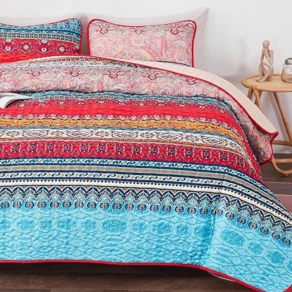 New Colourful Reversible Bohemian 3 PC Bedding Quilt Set • KING Size - Picture 1 of 7